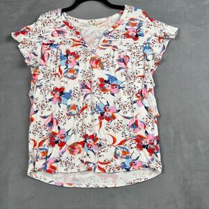 Market & Spruce Floral Pintuck V-Neck Flutter Sleeve Blouse White Pink Blue S